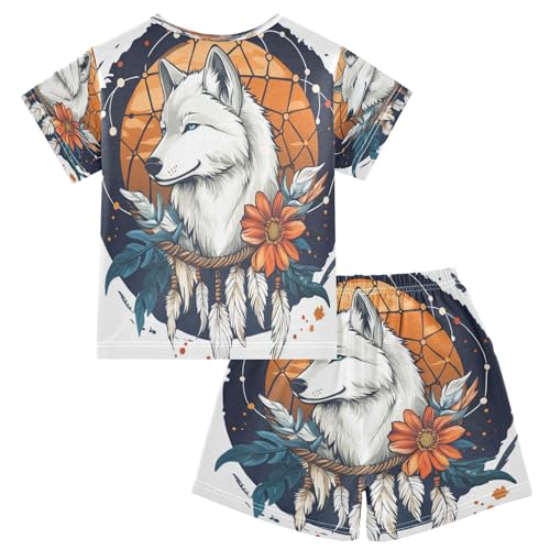 senya Short Sleeve Pajamas Sets Summer Cotton Sleepwear Navy Blue Dreamcatcher Wolf2