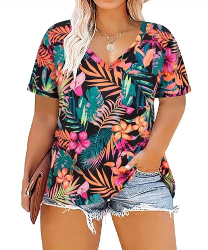 Image of TIYOMI Plus Size Tops for Women V Neck Tshirts Basic Tunic Casual Hawaii Floral Tie Dye Camo Summer Short Sleeve Tee XL-5XL