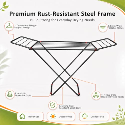 Image of Premium Steel Clothes Drying Stand | Foldable Cloth Dryer Stand, 3-Way Folding Design, Space-Saving Flat Folding Laundry Drying Rack for Indoor & Outdoor(Cross Design - 120 x 54 cm)- Black