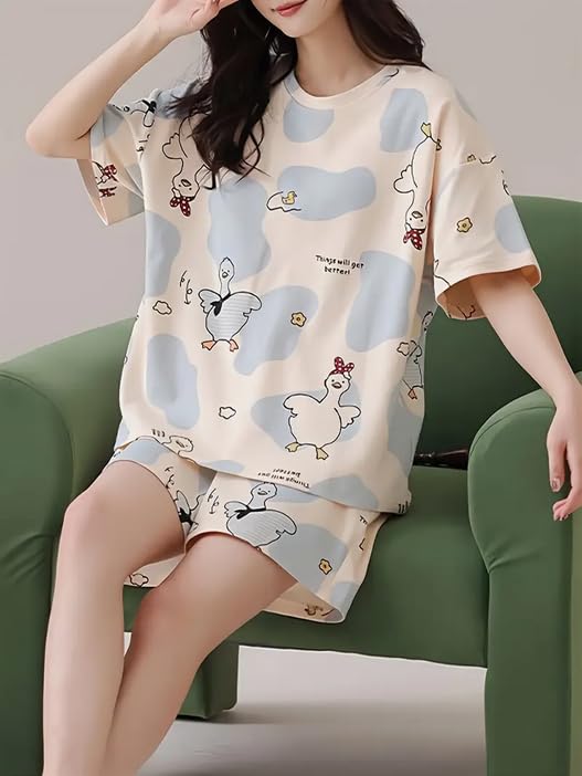 Image of Lunza Women's Cotton Pajama Set with Top & Pants|| Korean Night Suit|| Lightweight Printed Set || Soft & Comfy Sleepwear for Girls & Women