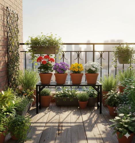 Image of A One Single Step Pot Holder / 1 Step Plant stand, Garden bench,Iron bench for Roof and outdoor in Black