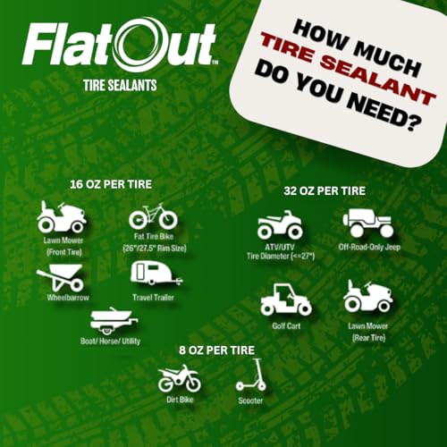Image of Flat Out Off Road Tire Sealant, Outdoor Power Equipment Formula with Valve Core Tool, Prevents Flat Tires, Fix a Flat Tire, Seals Leaks, Contains Kevlar, 1 Gallon