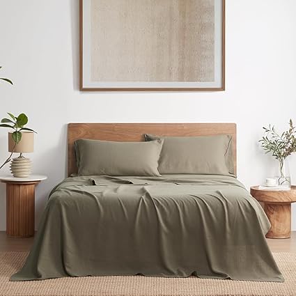 DAPU Pure Linen Sheets Set, 100% French Linen from Normandy, Breathable and Durable for Hot Sleepers, 4 Pcs Set - 1 Flat Sheet, 1 Fitted Sheet, 2 Pillowcase (Forest Green, Queen)