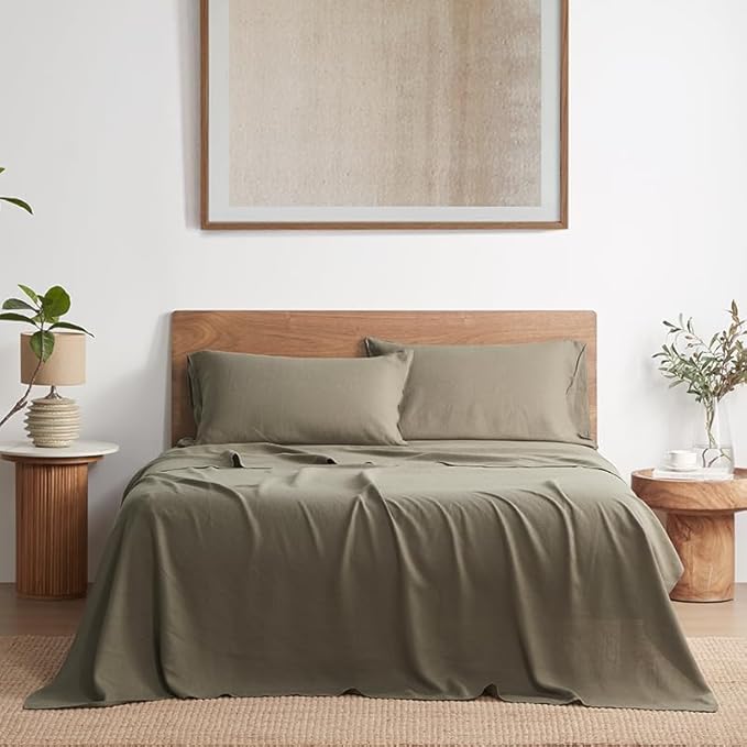DAPU Pure Linen Sheets Set, 100% French Linen from Normandy, Breathable and Durable for Hot Sleepers, 4 Pcs Set - 1 Flat Sheet, 1 Fitted Sheet, 2 Pillowcase (Forest Green, Queen)