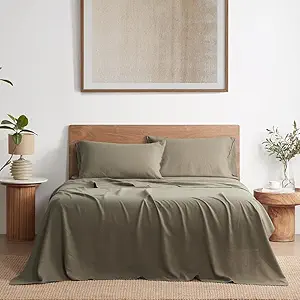 DAPU Pure Linen Sheets Set, 100% French Linen from Normandy, Breathable and Durable for Hot Sleepers, 4 Pcs Set - 1 Flat Sheet, 1 Fitted Sheet, 2 Pillowcase (Forest Green, Queen)