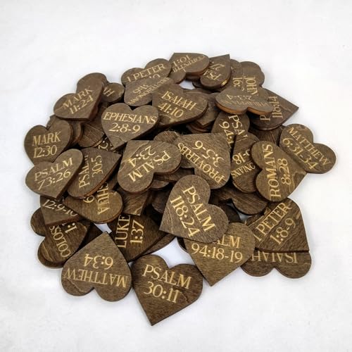 Image of Biblical Affirmation Wood Cutouts | 72 Unique Laser Engraved Wood Hearts with Bible Verse Passages | Includes Desktop Affirmation Holder | Daily Religious Prayer Gift