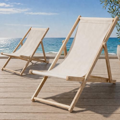 AceOrbit 2 Pcs Beach Chair Outdoor Folding Sling Chair - Solid Pine Wood Frame & Breathable Oxford Fabric - 3-Position Adjustable Portable Lounge for Patio and Backyard and Camping (Cream White)