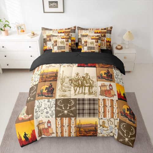 Image of Horse Decor Western Twin Comforter Set with Sheets Bull Longhorn Skull 7 Piece Bedding Set Cowboys Gifts,Geometric Aztec Bed in a Bag, Cow Skull Bed Sets,Rustic Patchwork Buffalo Plaid Farmhouse Decor