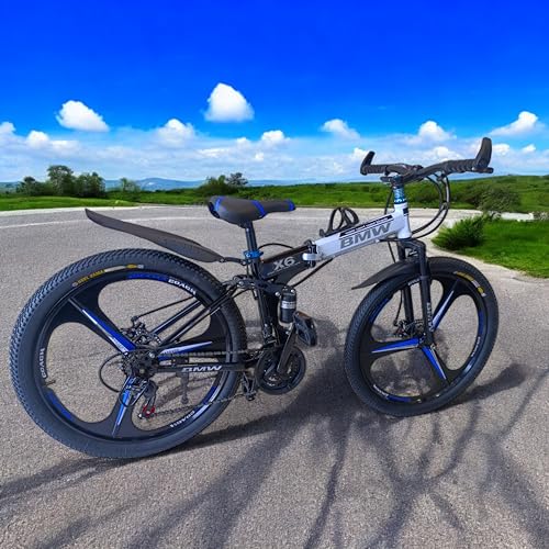 Image of BMV X6 Foldable Cruiser Bicycle | 26-Inch Bike with 21-Speed Gears, Dual Disc Brakes, Hydraulic Suspension & Carbon Steel Frame | Perfect for City & Off-Road Adventures (Black 3 s)