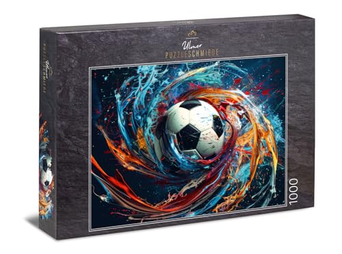 Ulmer Puzzleschmiede - 1000 Teile Puzzle „Spin“ - Motiv vom Fußball im klassischen Design, umgeben von spektakulärer Farb-Rotation - Qualität Made in Germany