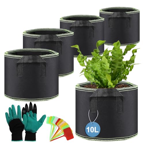 efuturetime 5 unid. 10L Bolsa Redonda para Plantar φ24 × 21.5cm Maceta de Tela Transpirable con Paneles de Guante de Mango para Vegetales Flores Plantas de Interior y Exterior, Negro