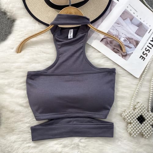 Top corto con cuello Halter y hombros descubiertos for mujer, camisetas sin mangas con sujetador integrado, camisola de algodón for mujer, verano 2023 Almighty ( Color : A Dark Gray , Size : One Size