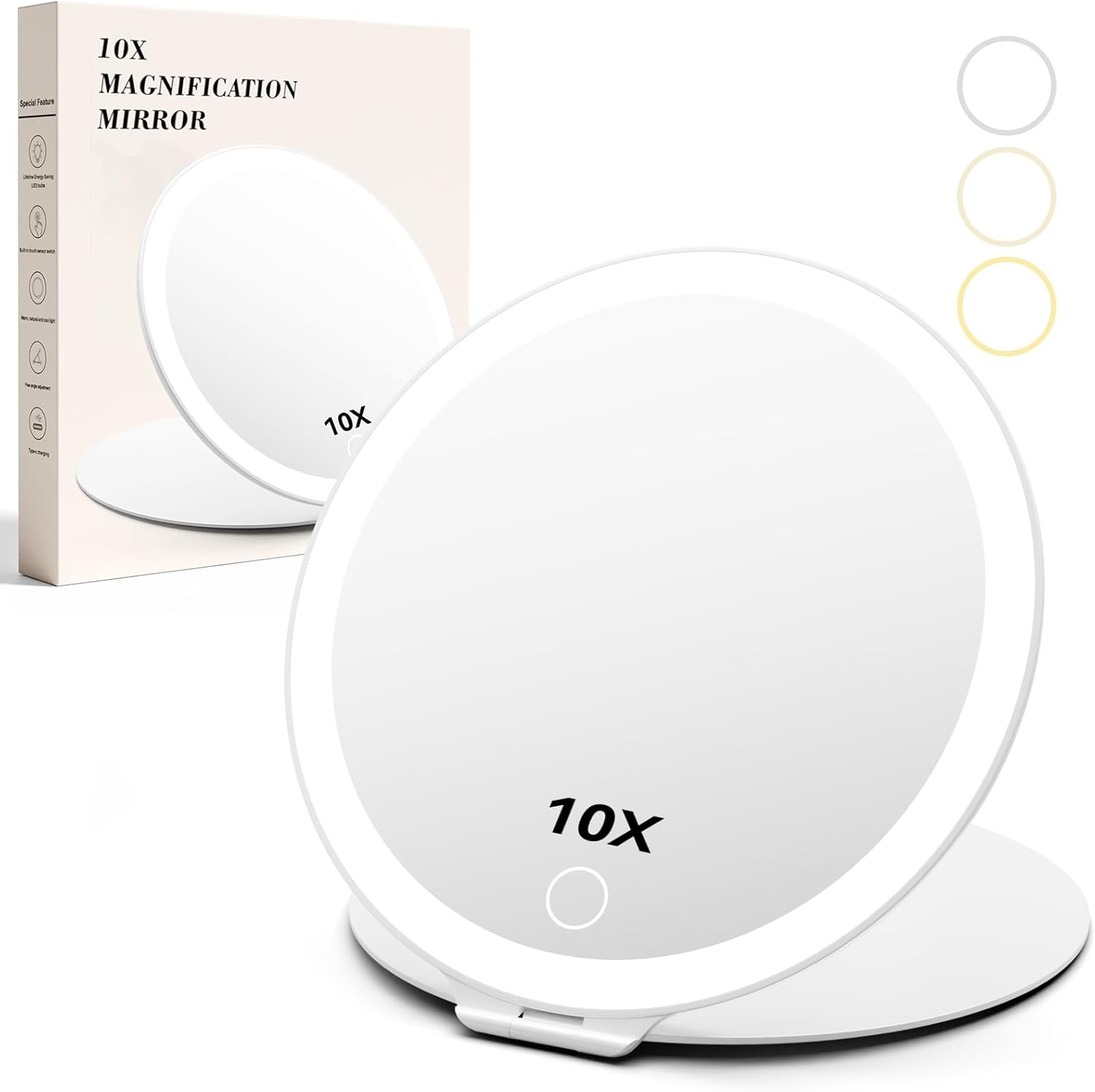 FATBEE 10X Magnification Rechargeable Travel Makeup Mirror, Portable Vanity Mirror with 80 LED Lights, Folding Mirror with 3 Color Lighting and Dimmable Touch Screen,Travel Essentials,Gift for Women