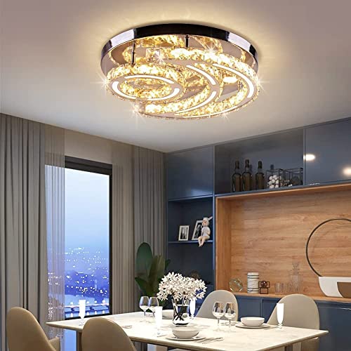 Cxgleaming Led Modern Crystal Chandelier Dimmable Ceiling Light Fixture - 15.7" Moon Shape Flush Mount Chandelier For Bedroom Living Room Dining Room Foyer Hall(Remote Control) #TOP6