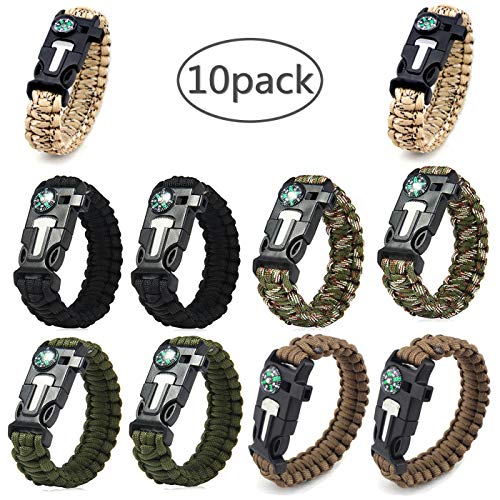 AOOTOOSPORT Survival Paracord Bracelets, 10 Pack Kit Outdoor Survival Bracelet Camping Fishing Hiking