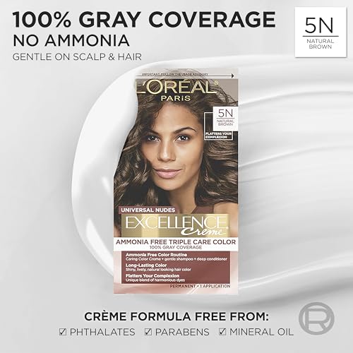 L’Oreal Paris Excellence Universal Nudes Permanent Hair Color, Ammonia Free Hair Dye for Gray Hair Coverage, 5N Natural Brown, 1 Hair Dye Kit
