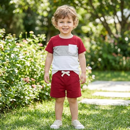 Image of Toddler Boy Clothes Baby Summer Outfit Patchwork Tee Shorts 12M-4T | Soft Patchwork Tee, Pocket Shorts With Stretch Waistband, Breathable For Summer Play, Machine Washable