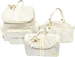 Conjunto de Bolsas Maternidade Luxo, 3 Peças, Mochila e Bolsas com Laço Decorativo, Bege com Detalhes Dourados