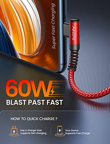 Image of AINOPE USB C Cable 60W 2-Pack 10ft Nylon Braided USB C to USB C Cable Type C Charger Fast Charging Right Angle USBC Cable Charger Cord for iPhone 16 Pro Max 15 Plus Samsung S24 S23 iPad Pro Red