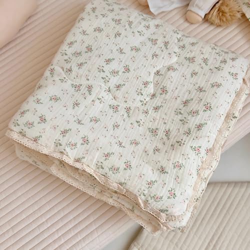 Image of BuLuTu 2-Layer Muslin Cotton Kids Quilt for Twin Bed, Soft Gauze Blanket Lace Edged, Girls Boys Toddler Comforter, Breathable Lightweight, Pomegranate Pattern, 60 inchx78 inch, Machine Washable
