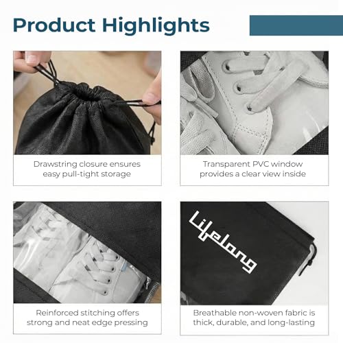 Image of Lifelong Shoe Bags for Travel with Clear Window | Pack of 6 Drawstring Shoe Bags | Waterproof & Dustproof Shoes Cover for Sports Shoes, Sneakers, Heels, Flats | Gym, Luggage & Home Use