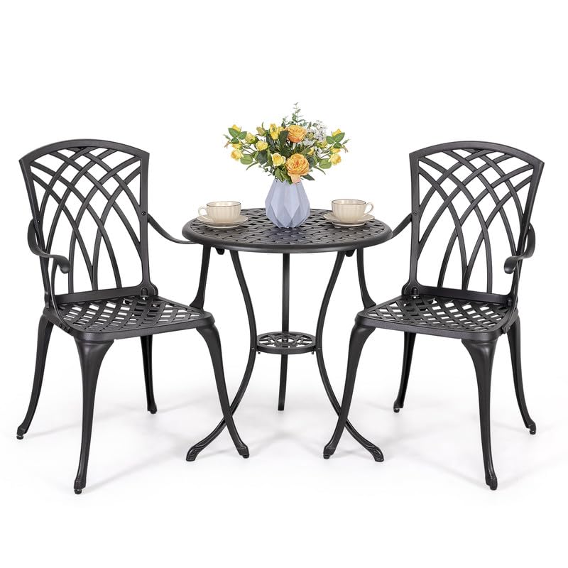 Avestar 3-Piece Outdoor Bistro Set, 61 cm Cast Aluminium Round Bistro Table with 5 cm Umbrella Hole and 2 Cast Aluminium Bistro Chairs, for Patio, Garden, Backyard and Balcony, Matte Black