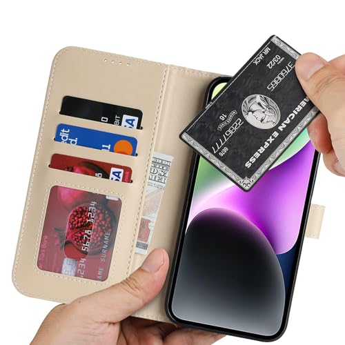Image of for iPhone 14 Case Wallet with Card Holder,for iPhone 13 Wallet Case for Women Men,PU Leather Shockproof Magnetic Buckle Stand Flip Phone Case-Beige