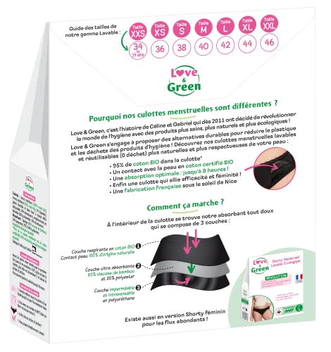 Love & Green - Menstruationshose, waschbar, umweltfreundlich, Bio-Baumwolle – Größe L (42) – Normalfluss