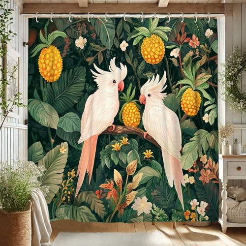 Tropischer Duschvorhang, weißer Kakadu & Ananas, Badvorhang für Badezimmer-Dekor, Sommer, lebendige, moderne Kunst, wasserdichter Stoff, Duschvorhang-Set mit Haken, 183 x 183 cm