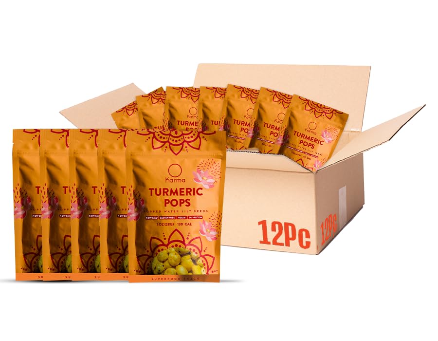 Semillas de nenúfar infladas con cúrcuma Karma - 3g de proteína, sin gluten, vegano, sin OMG - Aperitivo saludable con especias de cúrcuma para