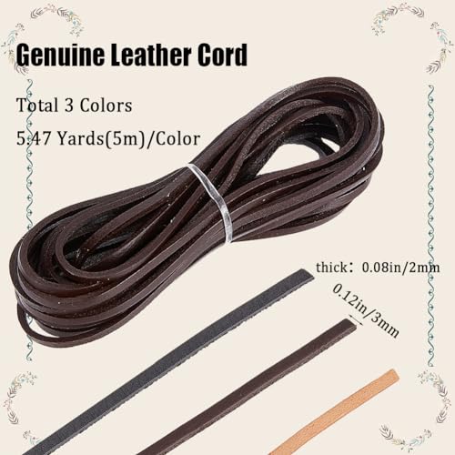 GORGECRAFT 3 Rolls 5M x 3mm Flat Leather Cord Genuine Leather Strip 2mm Thick Cowhide Leather String Braiding Thread Rope for Bracelets Neckacle Beading Jewellery Making Boot Lace Belts DIY Crafts - Image 2