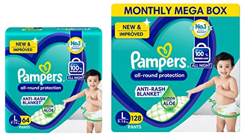 Image of Pampers Unisex New Diapers Pants, Large (64 Count) & Pampers New Diapers Pants Monthly Box Pack, Large (Pack Of 128)