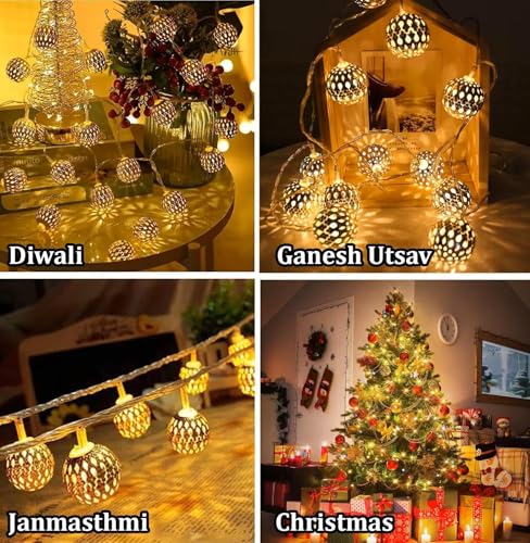 Image of Xenith 14 LED Decorative Moroccan Ball Shape Golden Metal String Lights Fairy Lights Decorative Lights for Diwali Christmas Home Marriage New-Year Bedroom Decoration Lighting (Warm White, 3.5 Meter)