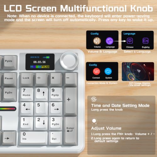 Image of AULA F108 PRO Wireless Mechanical Keyboard with Screen & Knob, Full Size Keyboard with Silent Switch, Tri-Mode BT5.0 /2.4GHz /USB-C, Pre-lubed Switches, RGB Backlit Hot Swappable Custom Gaming Keyboards
