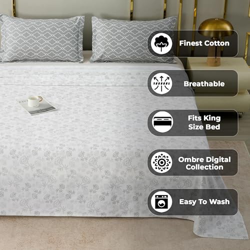 Image of Story@Home Luxe 400 TC Sateen Weave 100% Cotton Bedsheet King 108 x 108 Inches Floral Printed Soft Flat Sheet with 2 Pillow Covers 18 x 27 Inch -White & Grey-Gift Packaging