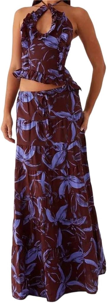 Women's Ruffle Skirt Sets Spaghetti Strap Top Maxi Skirt Set