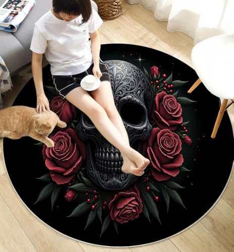 Tapis rond lavable en machine 80cm rétro sombre roses crânes de sol