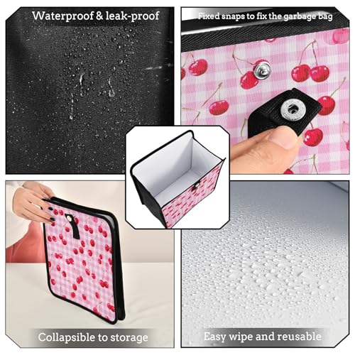 Image of Car Trash Can Organizer Bin with Adjustable Strap for Back Front Seat Console Waterproof Leakproof Collapsible Portable 11 Inch Pink Juicy Checkered Cherry