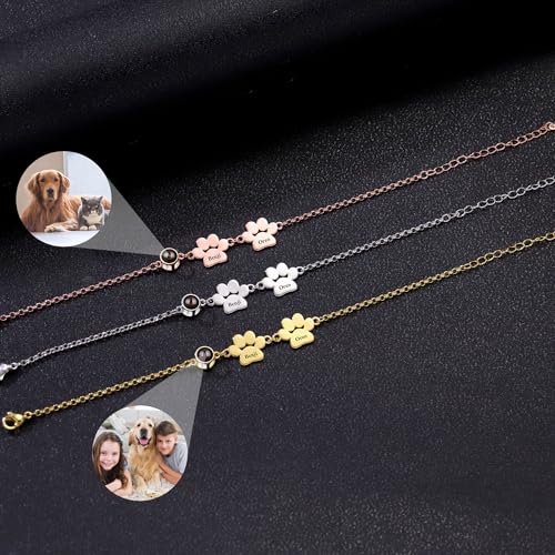 Aina Lighting Personalisiertes Fotoarmband mit Hundepfotenabdruck und Namen,Projektionsarmband mit Bild im Inneren, Schmuckgeschenke zum Gedenken an Haustiere für Frauen