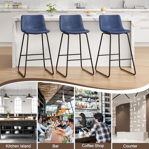Image of REONEY Bar Stools Set of 3, 26 inch Urban Faux Leather Counter Stools, Navy