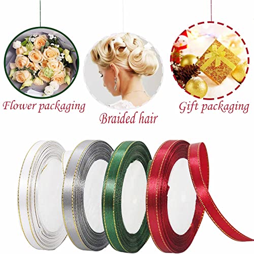 YAAVAAW 4 Rolls Burgundy Red,Dark Green,Grey,White Ribbon 10mm for Gift Wrapping 22M - Image 3