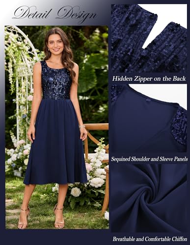 Image of GRACE KARIN Formal Wedding Guest Dress Sequin Mother of The Bride Dresses | Two Piece,3 /4 Sleeve,Tea Length,Crew Neck,Fit and Flare,Chiffon,Suitable for Spring /Summer /Fall /Winter /Cocktail /Party /Prom