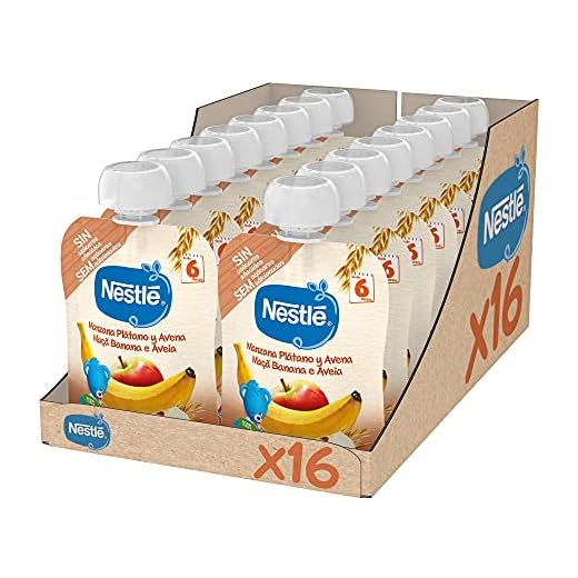 Nestlé Bolsita de puré de frutas y cereales, variedad Manzana Plátano y Avena - Para bebés a partir de 6 meses - Paquete de 16 bolsitasx90g