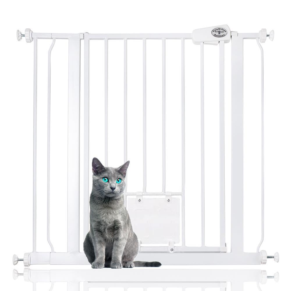 Bettacare Pet Gate with Lockable Cat Flap, 81.4cm - 89cm, White, 75cm in Height, Dog Safety Barrier with Cat Flap, Easy Installation
