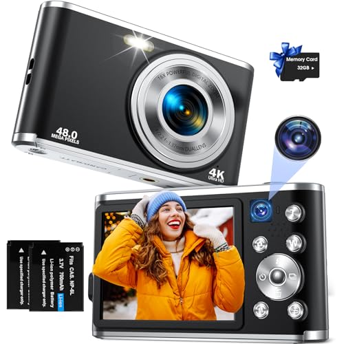 Cámara Digital, AutoFocus 4K Cámara Compacta Cámara fotográfica con Tarjeta de Memoria de 32 GB con cámara Dual HD 48 MP Zoom Digital 16X Pantalla Grande de 2,8' para Principiantes