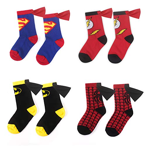 Superhero Socks For Boys Girls 3-5 Years, Kids Caped Crew Socks Batman Spiderman Superman The Flash 4 Pairs