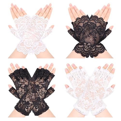 Sdfvsdg 4 Pairs Women Short Lace Gloves Fingerless Floral Lace Bridal Wrist Gloves Tea Party Opera Evening Wedding Cosplay 1920s