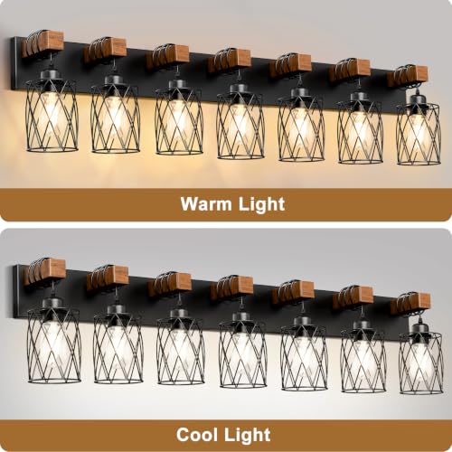 Image of IZORRO Farmhouse Bathroom Vanity Light, 7-Light Wood Bathroom Light Fixtures Over Mirror, Black Industrial Vanity Lights with Metal Shade, Rustic Restroom Lighting Fixtures