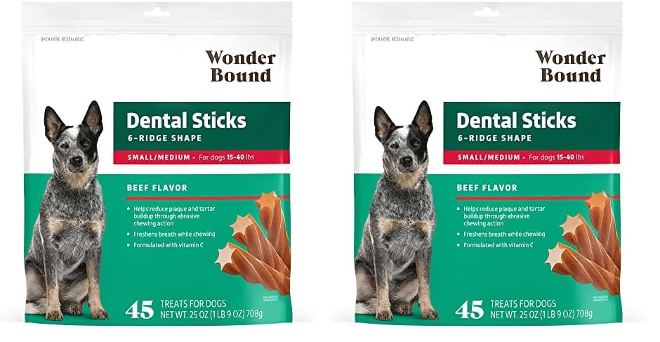 Image of Amazon Brand - Wonder Bound Beef Flavor Dental Sticks for Small /Medium Dogs (15-40 lbs), 6-Ridge Shape for Plaque & Tartar Control, Freshens Breath, Formulated with Vitamin C, 45 Count (Pack of 2)