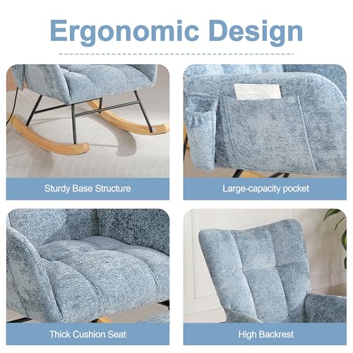 Image of Rocking Chair Nursery with Airbag, Comfy Modern Nursery Rocking Reading Chair Indoor, Cozy Upholstered Glider Rocker Chairs for Living Room Bedroom Offices, (Chenille, Blue)